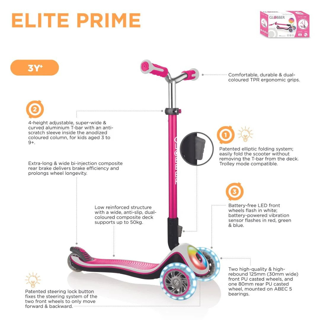 Globber Elite Prime Lights Foldable Kids Scooter - Inlinex