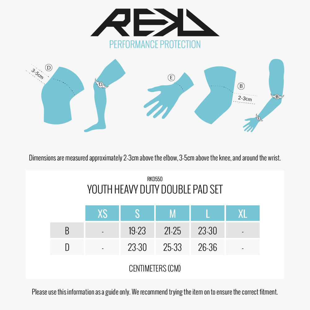 REKD Youth Heavy Duty Double Pad Set size guide