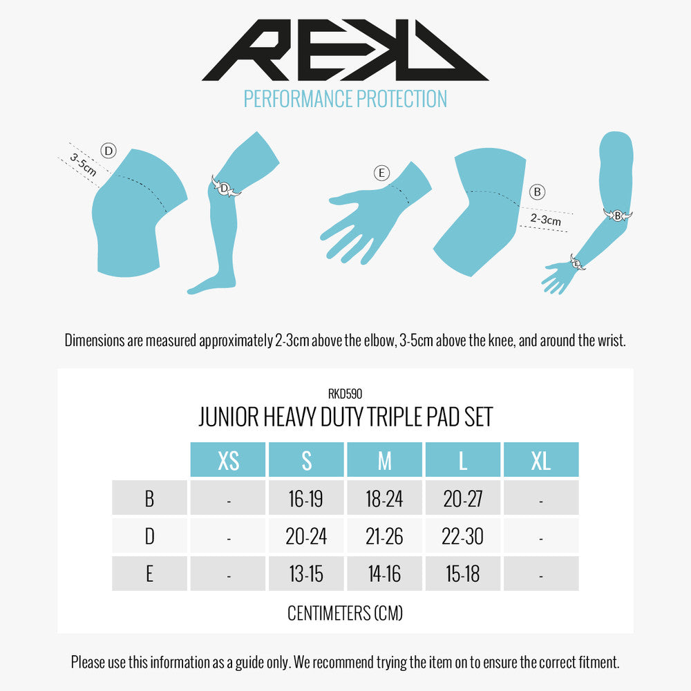 REKD Junior Heavy Duty Triple Pad Set size guide