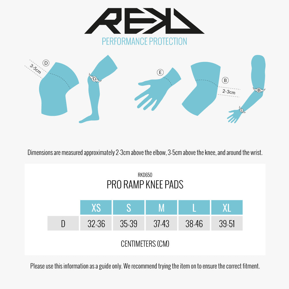 REKD Pro Ramp Knee Pads size guide