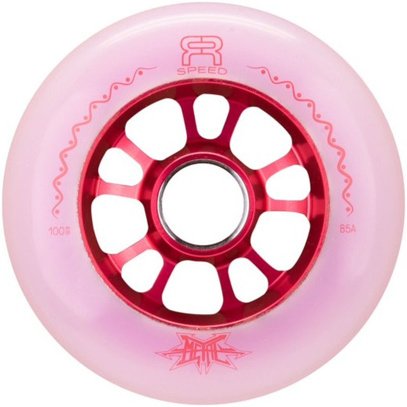 FR Metal Dual Natural Red 100mm 85A inline skate wheel, translucent urethane with a red metal core
