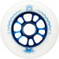 FR Metal White Blue 100mm 85A inline skate wheel, white urethane with a blue metal core