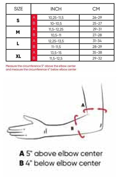Ennui Park elbow guard size chart — bicep and forearm circumference S/M/L/XL