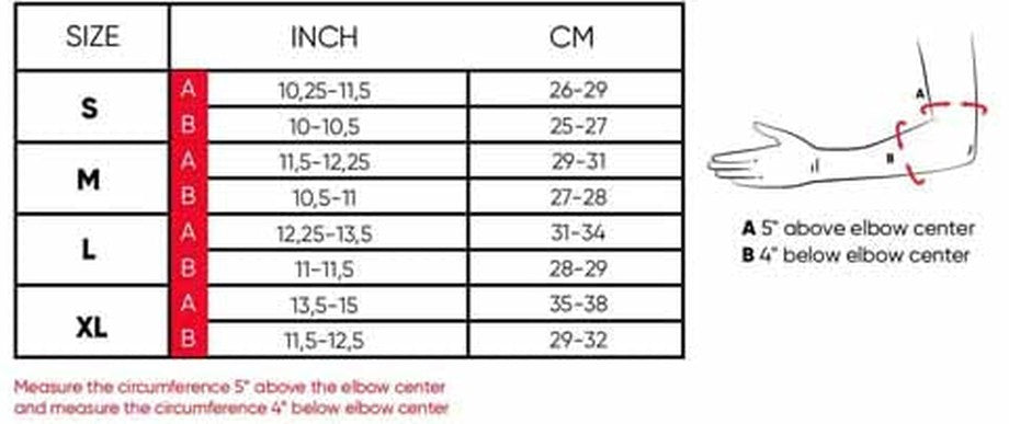 Ennui Park elbow guard size chart — bicep and forearm circumference S/M/L/XL