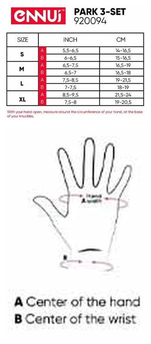 Ennui Park wrist guard size chart — hand and wrist circumference S/M/L/XL