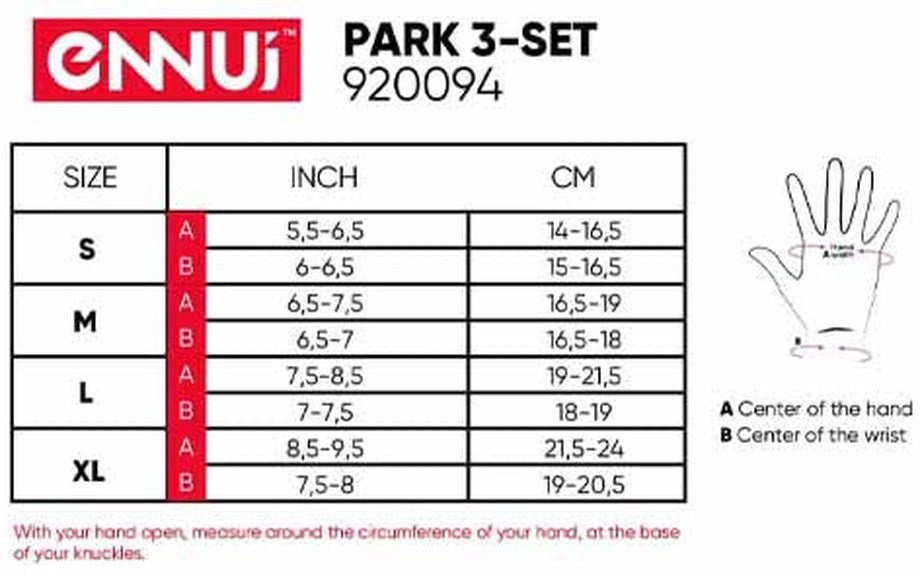 Ennui Park wrist guard size chart — hand and wrist circumference S/M/L/XL