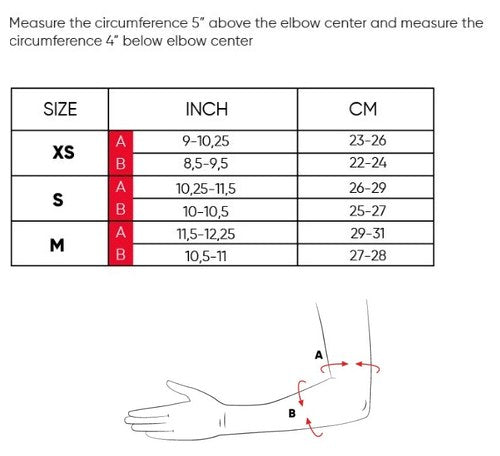 Ennui ST elbow guard size chart — bicep and forearm circumference XS/S/M