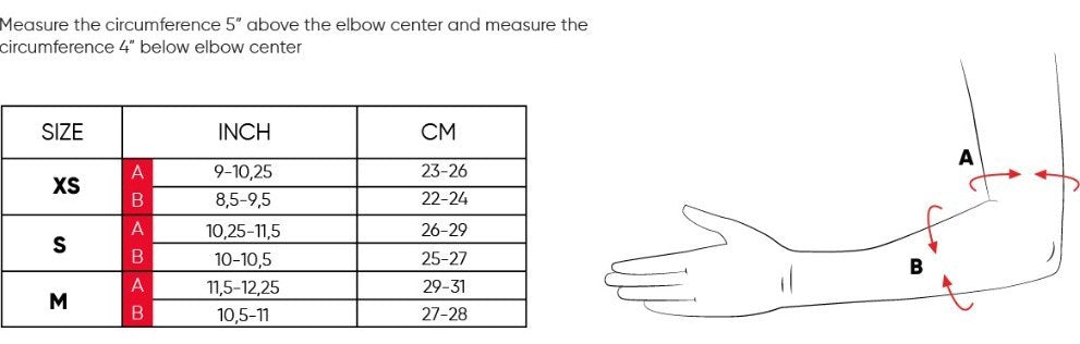 Ennui ST elbow guard size chart — bicep and forearm circumference XS/S/M
