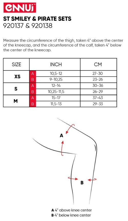 Ennui ST knee guard size chart — thigh and calf circumference XS/S/M