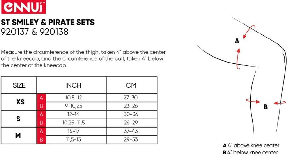 Ennui ST knee guard size chart — thigh and calf circumference XS/S/M