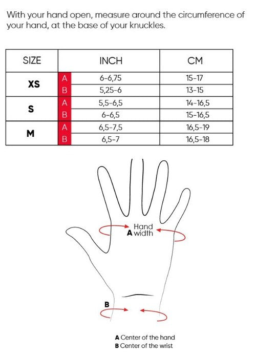 Ennui ST wrist guard size chart — hand and wrist circumference XS/S/M