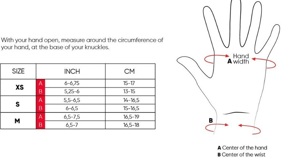 Ennui ST wrist guard size chart — hand and wrist circumference XS/S/M