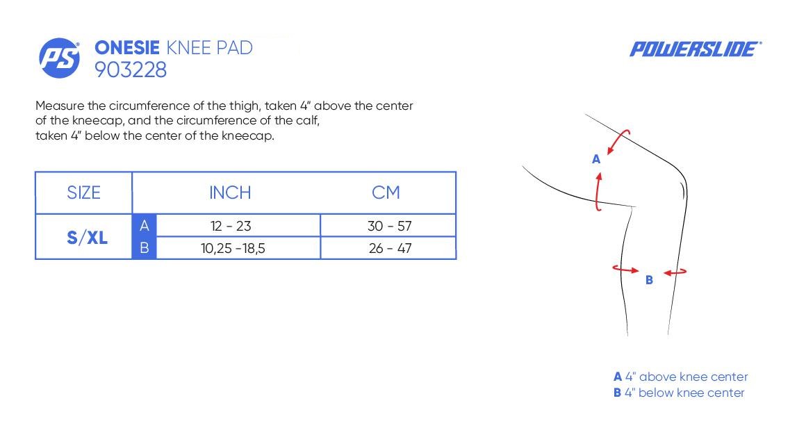 Powerslide Onesie knee pad size chart — universal S/XL covers thigh 30-57 cm and calf 26-47 cm