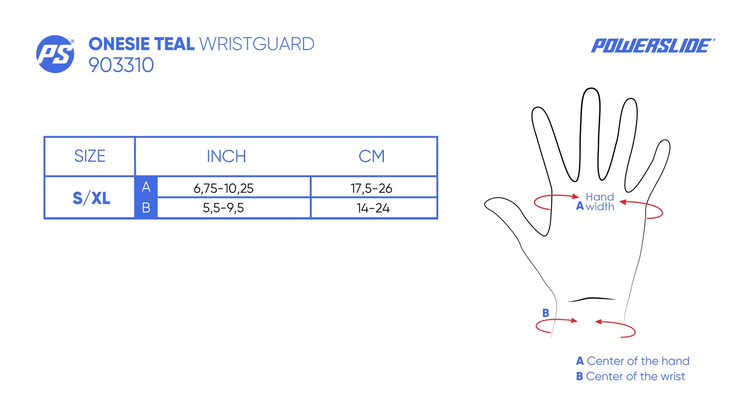 Powerslide Onesie wristguard size chart — one-size S/XL covers hand width 17.5-26 cm and wrist 14-24 cm